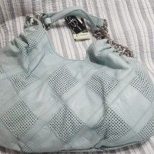 B. Makowsky Blue Leather Satchel Boho Handbag Hand Bag Purse New With Damage